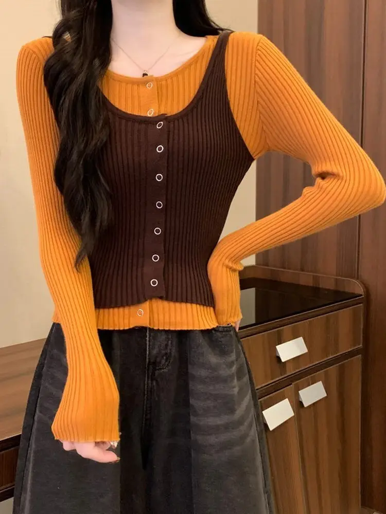 

Korean Sle Long Sve Knitted Sweater Women's Slim Fit Outerwear Unique Top Color Blo Design Autumn New Arrival