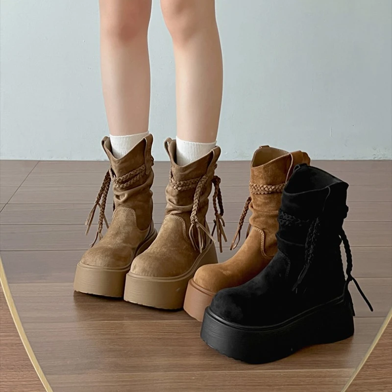 

Autumn Winter Platform Thick Sole Women Tassel Ankle Boots Punk Style Banquet Party Stripper Height Increase Short Botas Mujer