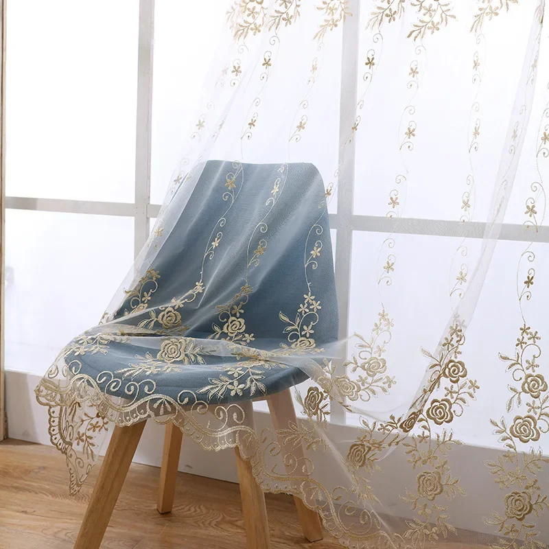 European Golden Luxury Sheer Tulle Curtains For Kitchen Beige Window Curtain Embroidered Drapes For Living Room Bedroom Cortinas