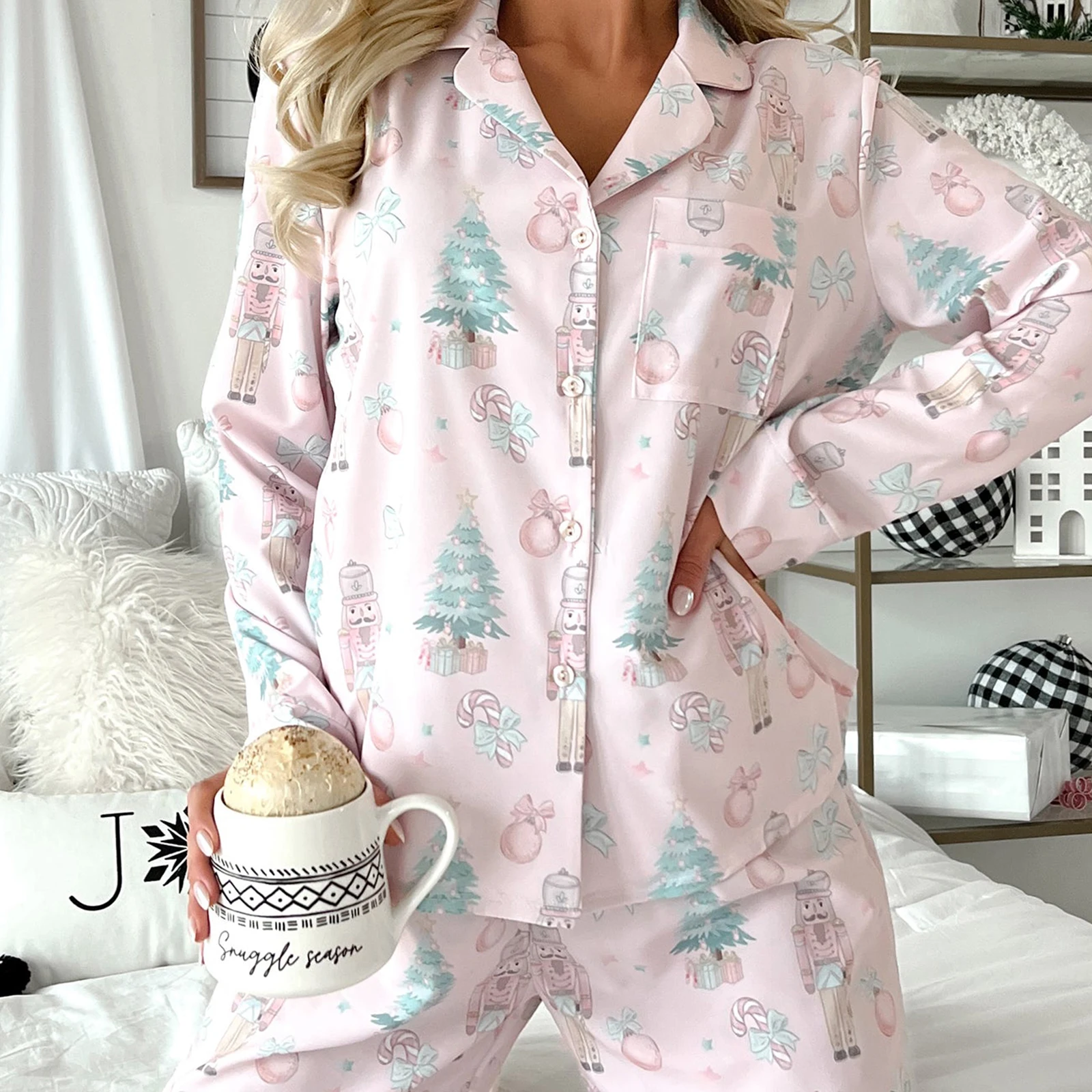 Women Christmas Pajamas Lounge Set Santa Christmas Tree Print Long Sleeve Tops and Pants 2 Piece Loungewear Outfits