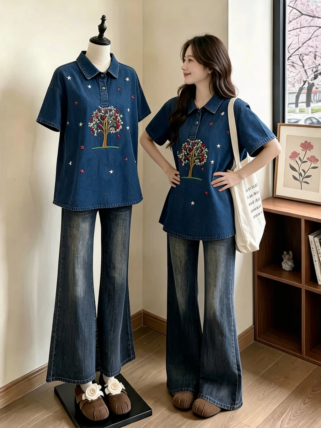Blue Embroidered Short Sleeve Denim Shirt Women's Summer New plus Size Slimming Design Age-Defying Top Korean Style Commute Wind
