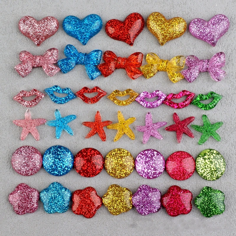 20Pcs Shiny Hearts Resin Flatback Cabochon Vintage Geometric Bow Lips Start Ornament Jewelry Making Hairwear Accessories