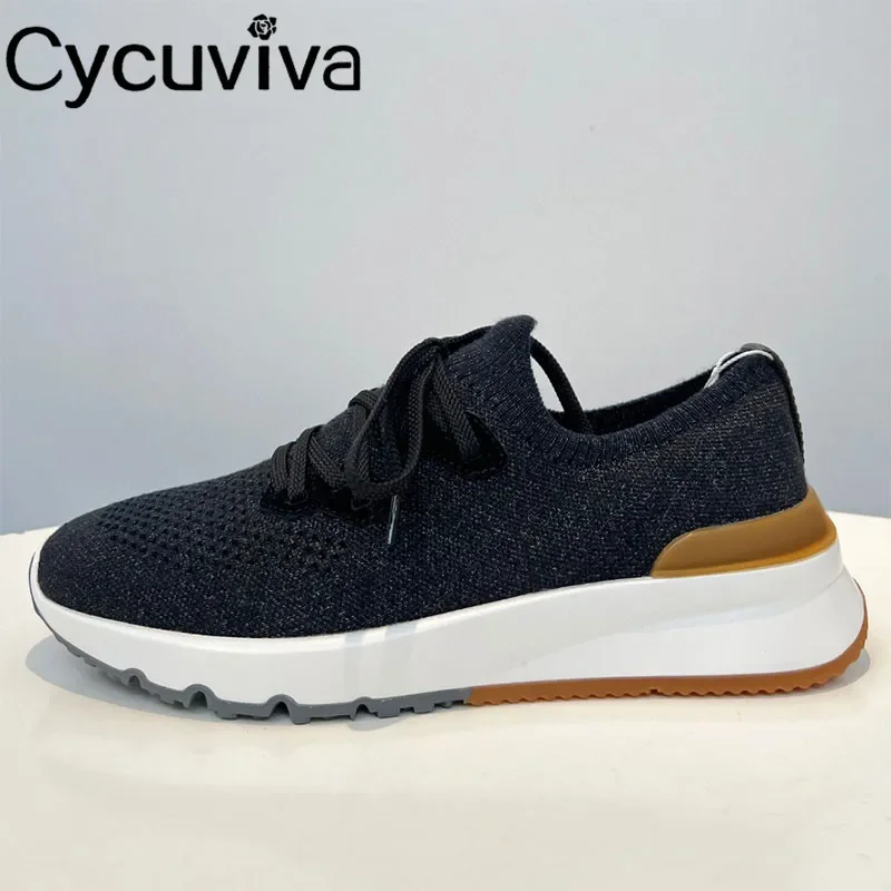 New Hot Sale Knitted Lace Up Flat Shoes Men Thick Sole Breathable Mesh Casual Sneakers Male Autumn Comfort Flat Walk Shoes Men