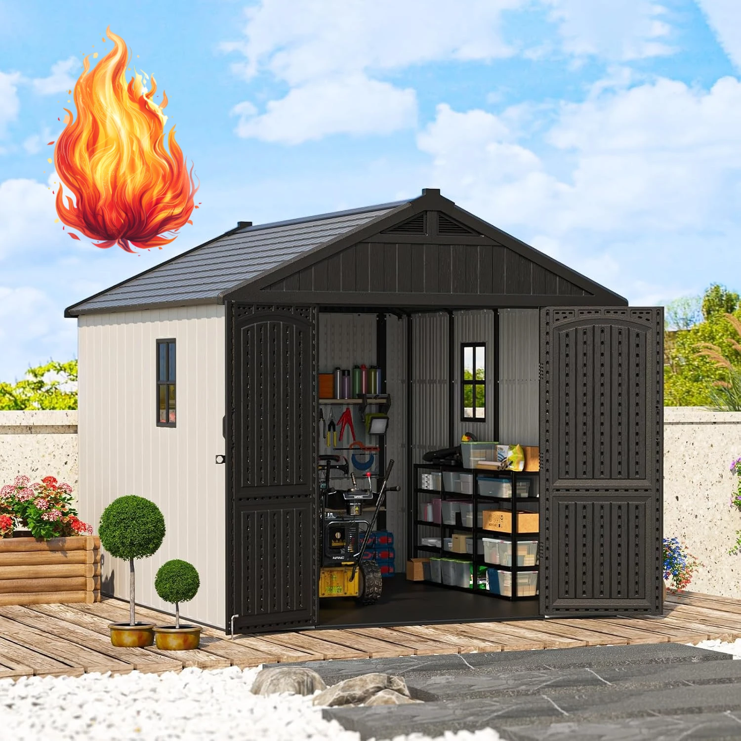 

Наружный сарай из смолы 8 x 10 футов с наполом, пластиковый сарай с окном и запирающейся дверью для сада, заднего двора, хранения инструментов