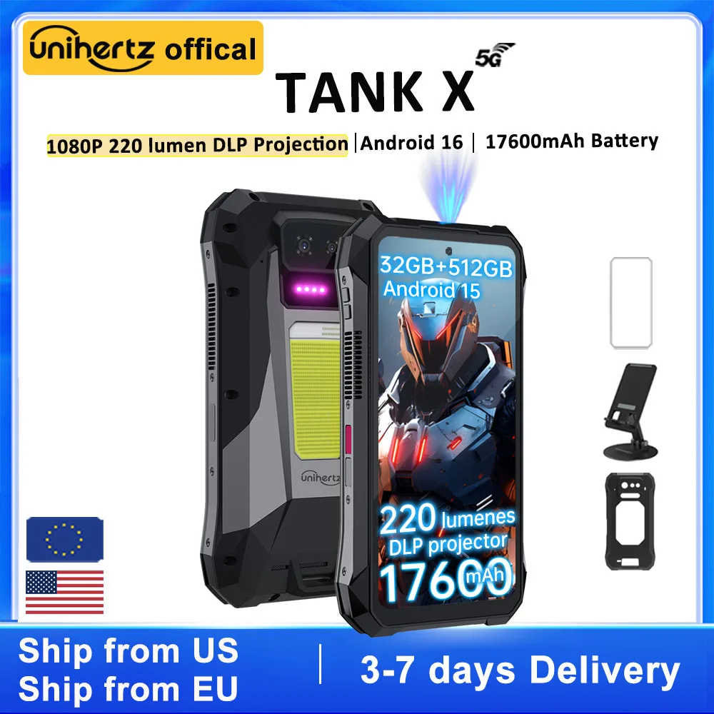 Unihertz by 8849 TANK X Rugged Smartphone 5G Android 15 Built-in 1080P 220 lumen DLP Projection 17600mah 50MP Camera 32GB 512GB