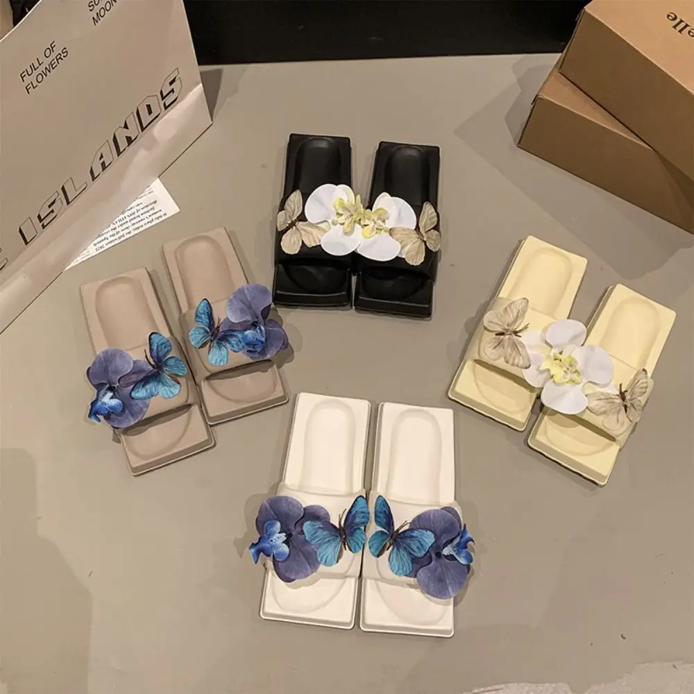 

Orchid Flower Butterfly Square Flats Slippers Square Toe Moth Orchid Slippers for Women Shoes Sweet Beach Wear Slippers Outdoor