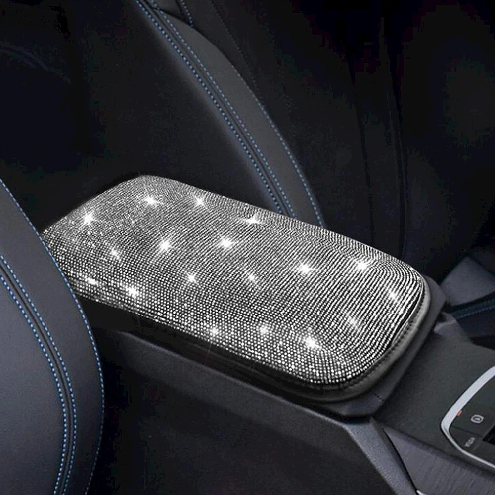 Crystal Car Armrest Cover Mat Leather Waterproof Non-slip Storage Box Pad Auto Styling Bling Car Accessories Interior for Woman