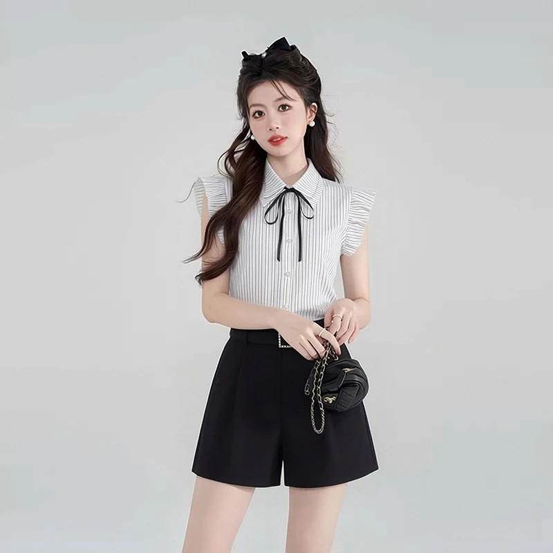 

Summer New Women's Preppy Style Shirt And Skirt Set Two-Piece Lightweight Breathable Polyester round Neck Short Sleeve Outfit