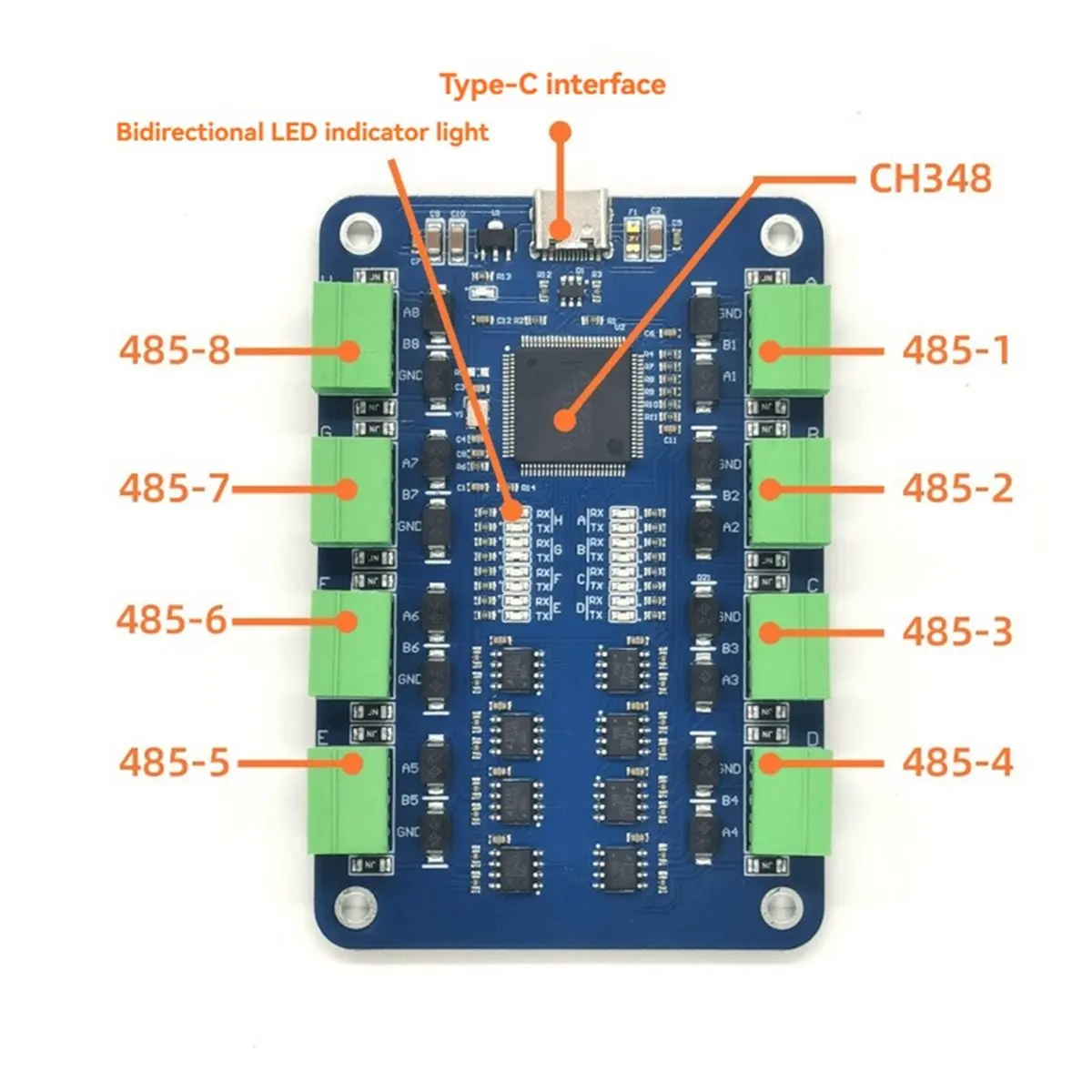 

(A15I) USB-конвертер последовательного порта RS485 на 8 каналов, модуль расширения Type-C на 8-канальный порт 485 CH348 EKU081