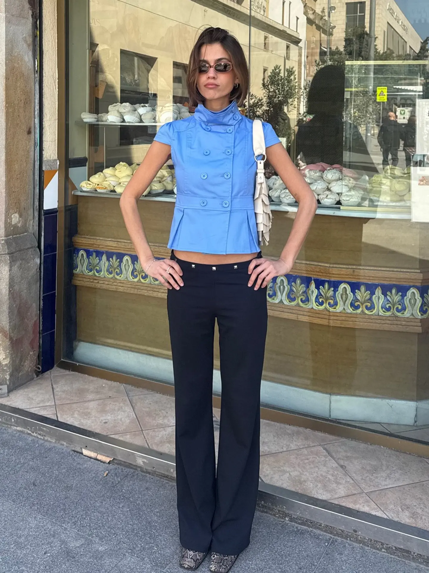 

PUAL 2026 New Women's Light Blue Short Sleeve Blazer, High Neck Double Breasted Cropped Top, Y2K Streetwear Chic