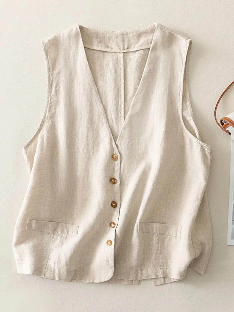 

Повседневный хлопковый льняной жилет, женский летний тонкий жилет, простой многослойный топ с открытыми плечами, V-образный вырез, однотонный, для поездок на работу, ветер