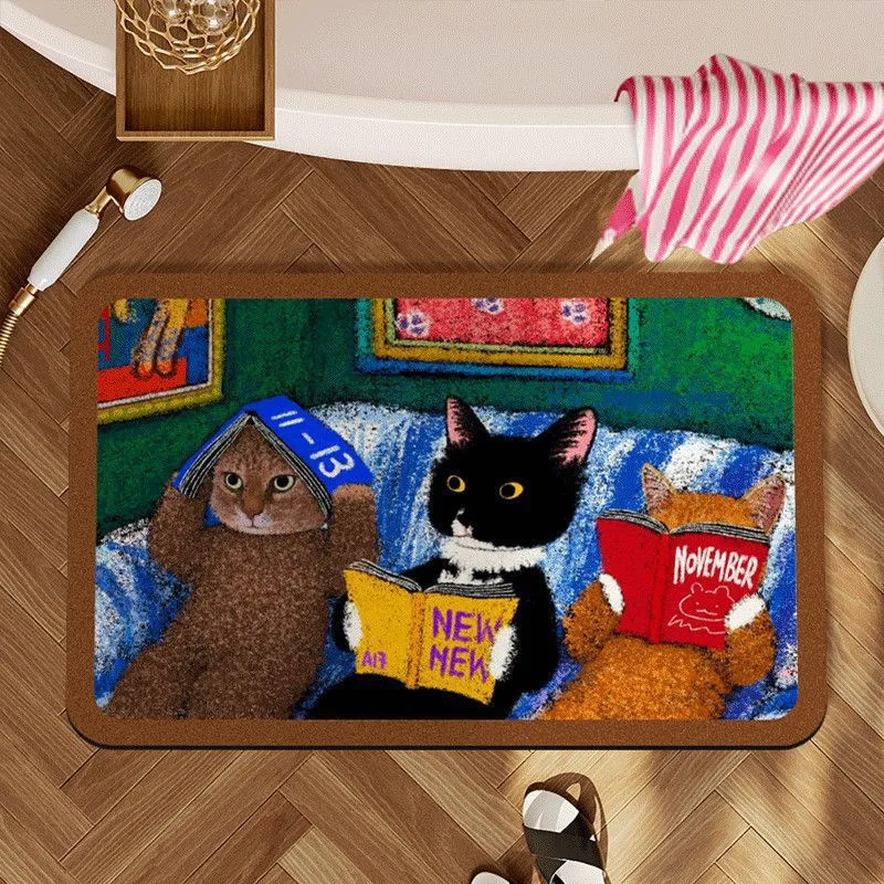 Oil Painting Reading Cats PVC Coil Doormat Waterproof Anti-slip Cuttable Thick Sand & Dirt Trapping Shoe Scraper Entrance Rug