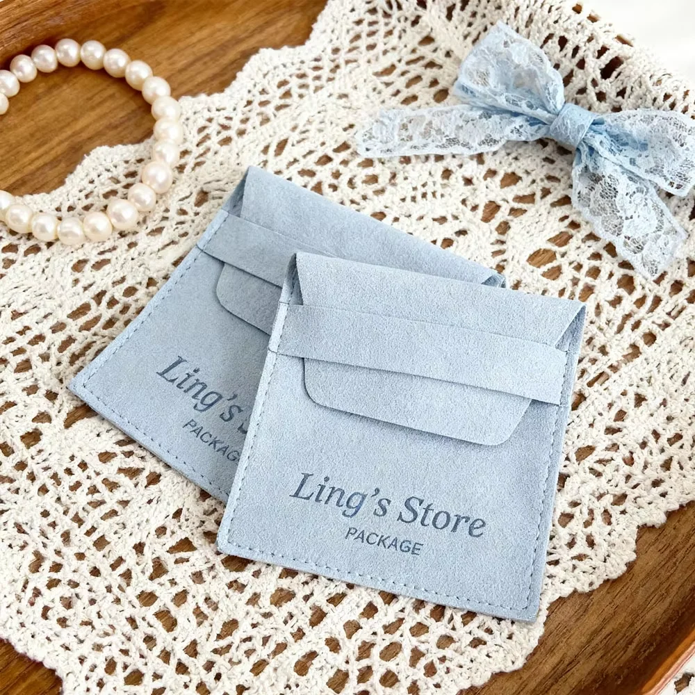 100Pcs Luxury Personalized Baby Blue Small Trinket Gift Fashion Bag Suede Velvet Microfiber Package Envelope Jewelry Flap Pouch