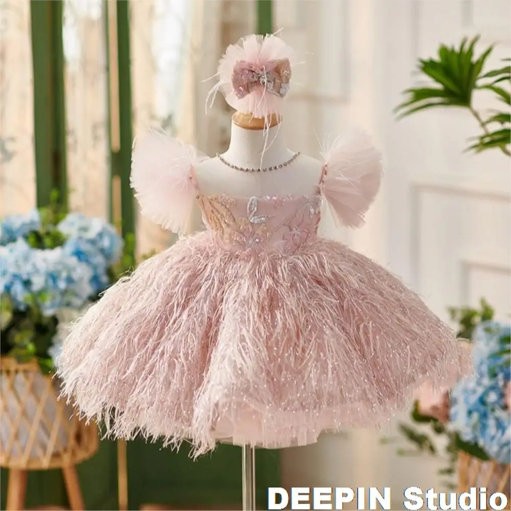 Elegant Puffy Girls Princess Dress Feather luxurious Girl Ball Dresses Children Layer Lush Birthday Wedding Evening Dress 1y-14y