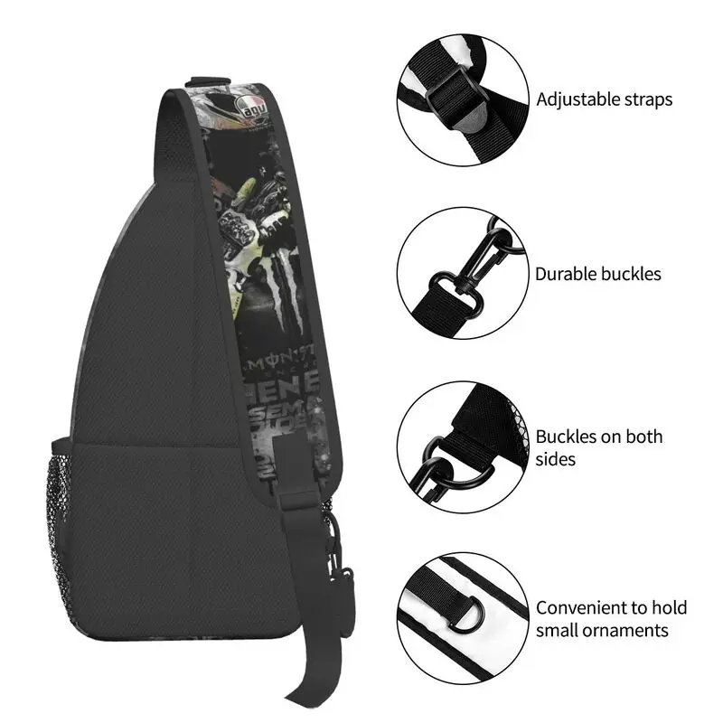 Motocicletas Rossi Crossbody Sling Mochila para homens, bolsa de ombro personalizada no peito para viagem, mochila para caminhadas