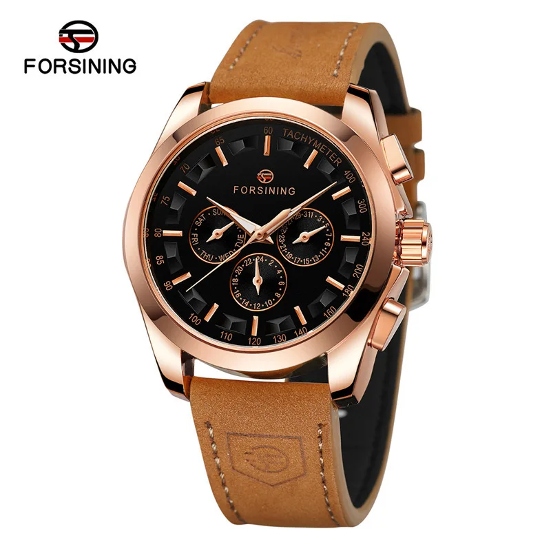 Fashion Forsining Top Brand Men\'s Weekly Calendar Genuine Leather Leisure 3 Eyes 6 Needles Business Automatic Mechanical Watches