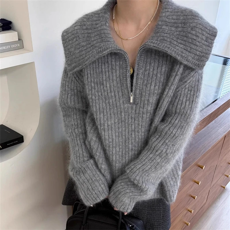

Women's Turtleneck Loose Lapel Knitwear Women Pulovers Half Zipper Casual New Fashion Women Sweaters 2025