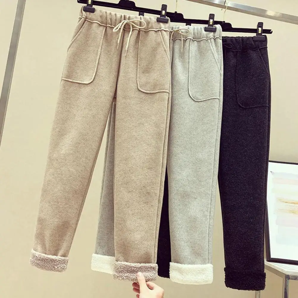 

Elegant Charming Women Trousers Women's High Waist Velvet Lining Harem Pants with Pockets Thickened Imitation for Autumn