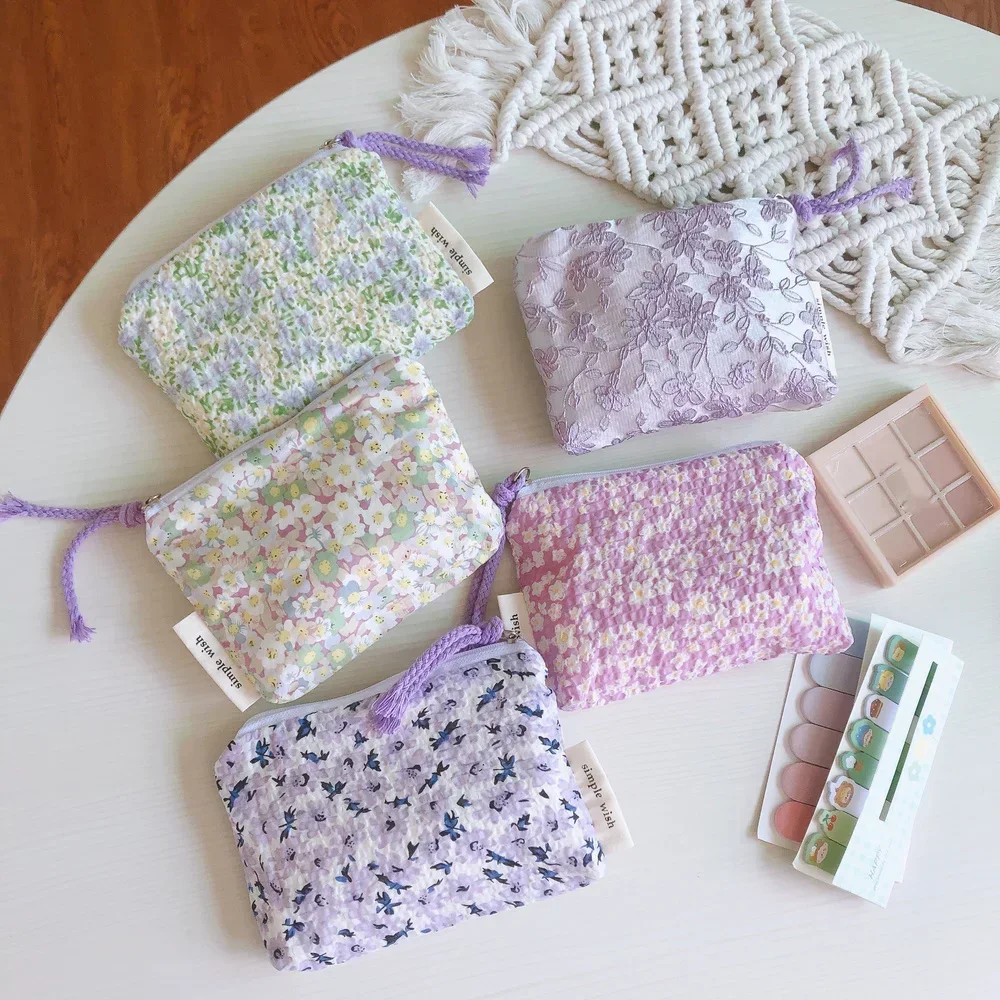 Bolsa pequeña de algodón para cosméticos, organizador Floral para mujer, estuche de maquillaje para pintalabios, monedero pequeño para niños