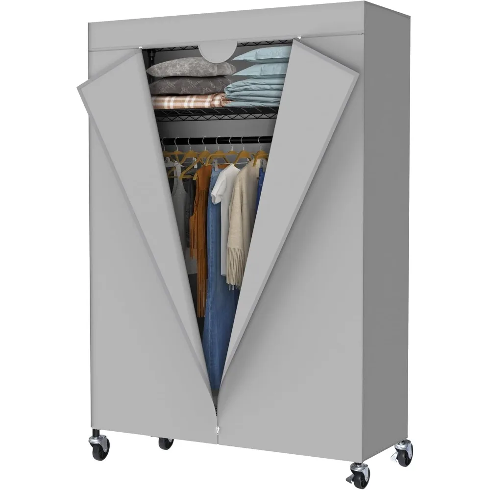 JS HOME Heavy Duty Garment Rack, Free-Standing Rolling Clothes Rack with Fitted Grey Oxford Cover, Extra Large Wardrobe