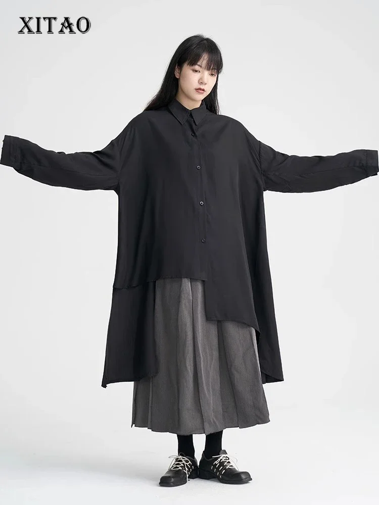 

XITAO Casual Irregular Loose Solid Color New A-line Turn-down Collar Full Sleeve Mid-calf Spring Long Female Dress GYX1106