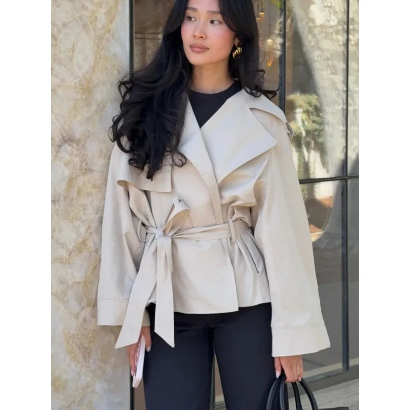 Classic Solid Color Belt Woman Short Windbreaker Elegant Flip Collar Long Sleeved Jacket New Lady Autumn Commuter Outerwear 2025