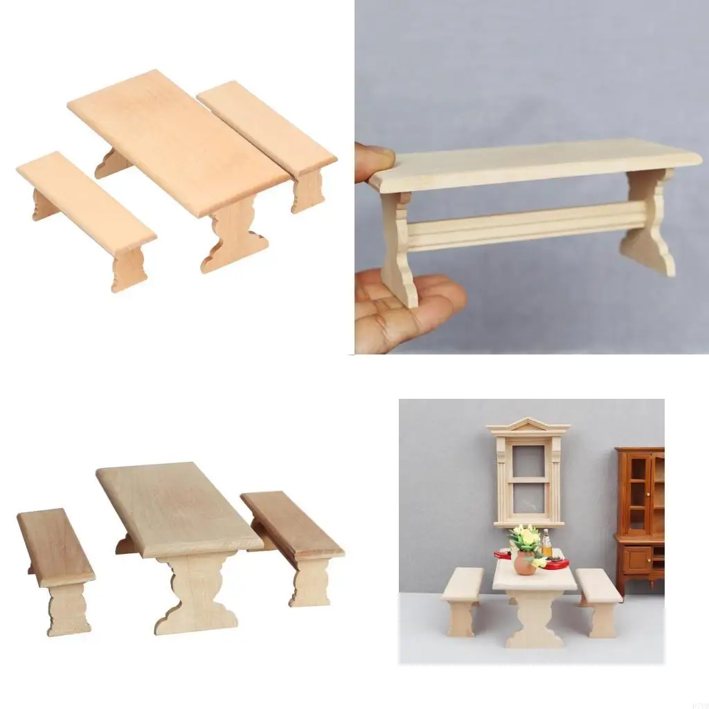 

D7YD Handcrafts Miniature Table And Chair Set Natural Doll House Furniture 1/12 Scale Model For Detailed Room Decoration