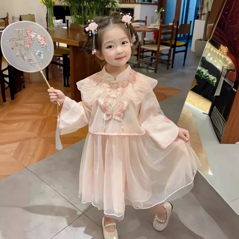 

2025New Spring and Autumn Girls Western Style Fashion Pink Mesh Butterfly Pearl Dress