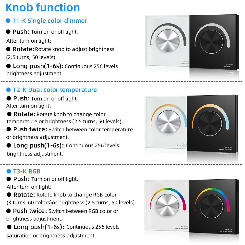 DC12V 24V T1-K/T2-K/T3-K Rotary Touch Glass Panel DIM/CCT/RGB LED Controller for single color/color temperature/RGB led strip