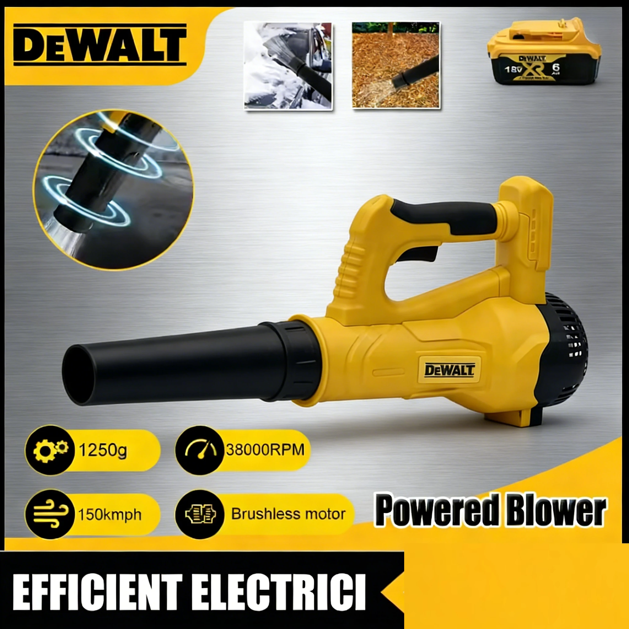 

Беспроводная воздуходувка DEWALT 38000 об/мин, бесщеточная, ручная, для уборки листьев, турбо-воздуходувка, электроинструмент