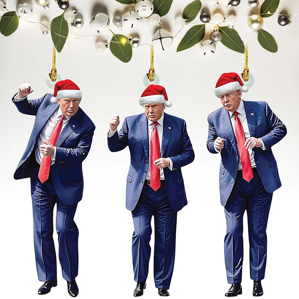 3Pcs Trump Dancing Acrylic Ornament Decorative Xmas Tree Hanging Decorations Car Rearview Mirror Pendant Keychain for Home Party