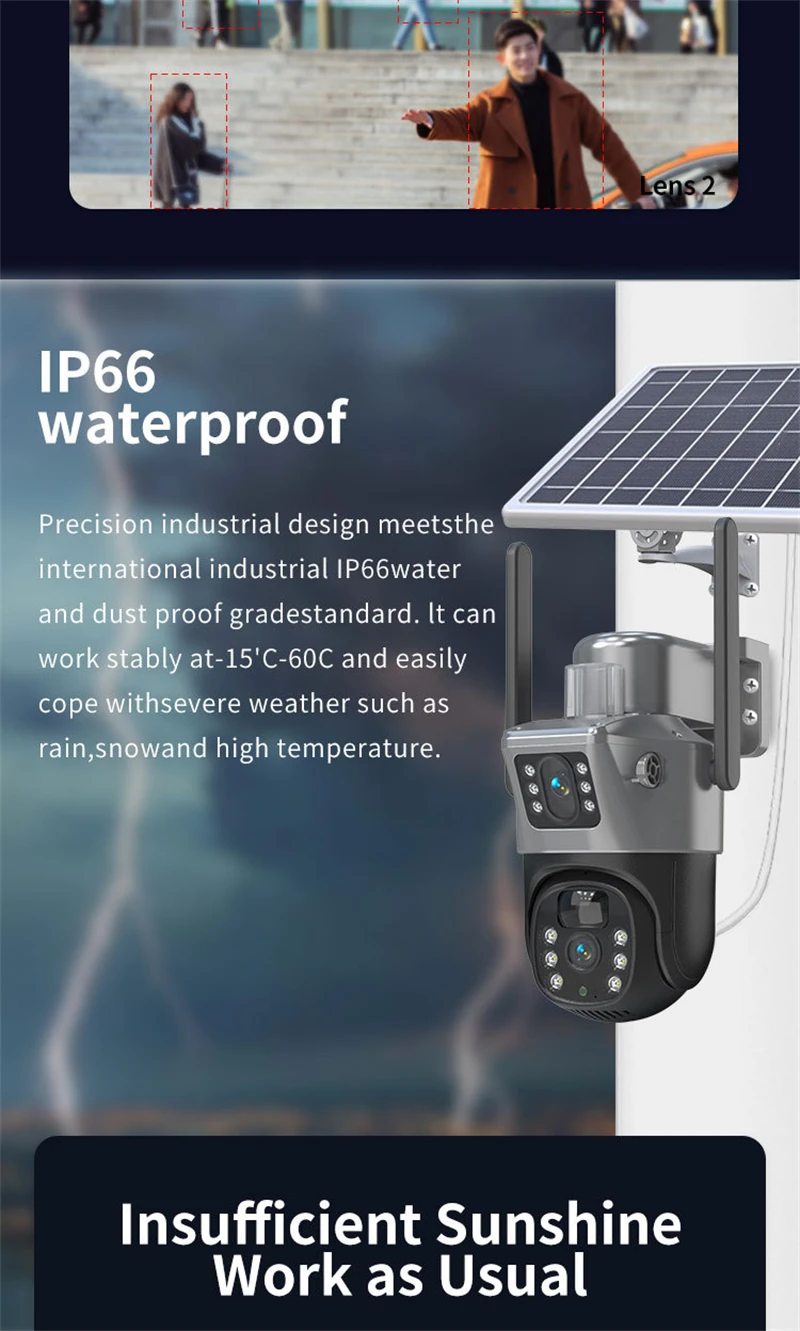 4MP 4G WIFI Solar Kamera Dual Objektiv Dual Screen Outdoor Wireless PTZ IP Kamera Mit Solar Panel Sicherheit Überwachung kamera – Detail 5