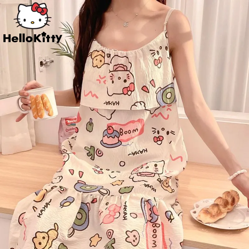 Sanrio Hello Kitty Summer Thin Suspender Sleepwear Women Chest Cushion Cute Cartoon Nightgown Sweet Soft Y2k Girl Trendy Pajamas