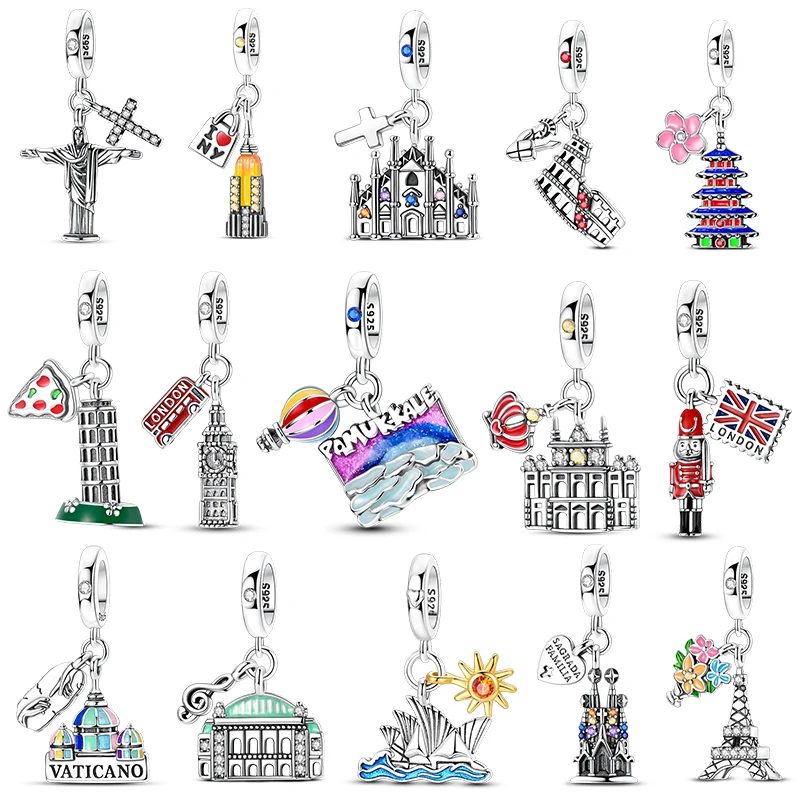 New Charms 925 Silver Architectural Landmark Series Charms Beads Fit 3mm Original Bracelet Necklace Womens DIY Fine Jewelry Gift