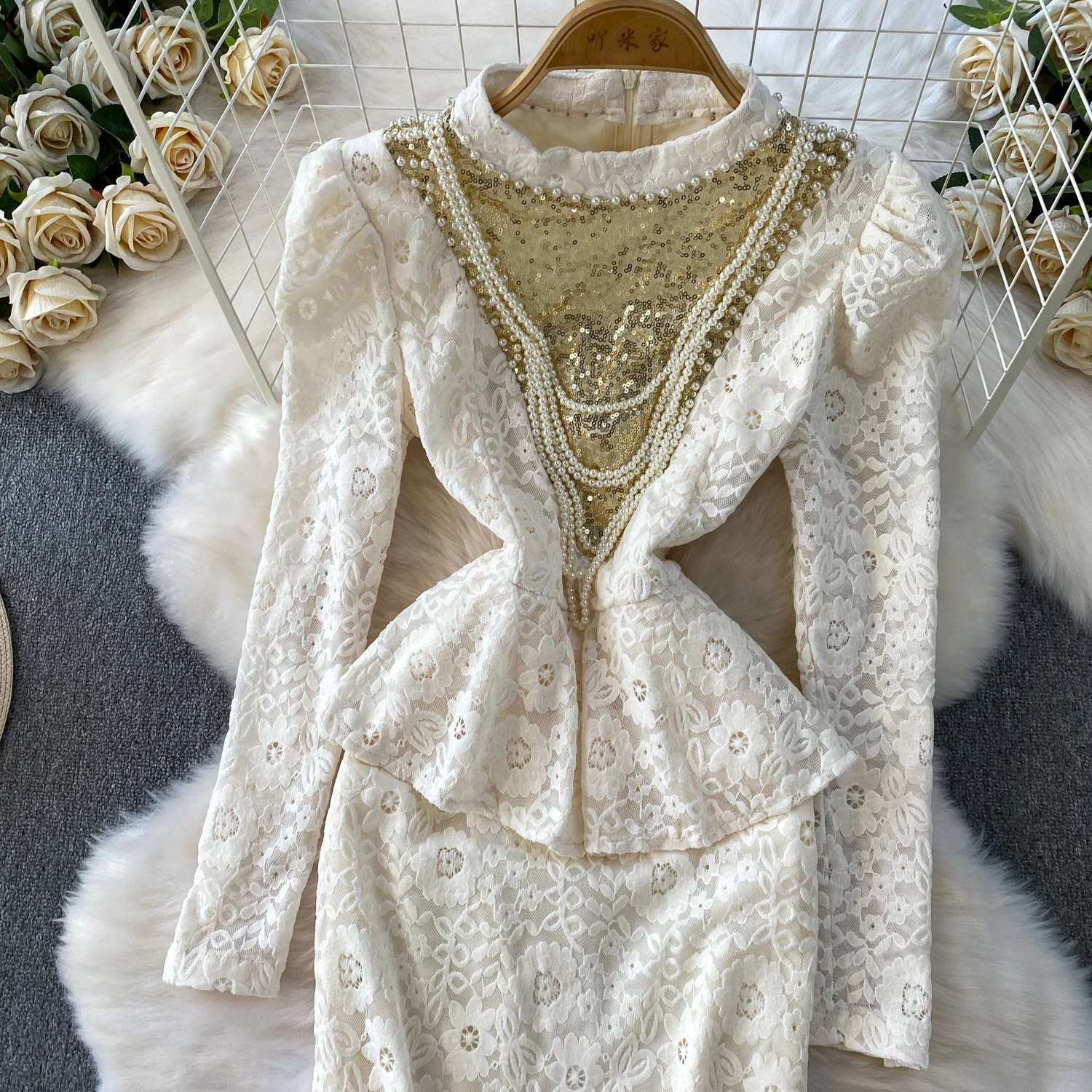 Summer Autumn Long Sleeve Bodycon Midi Lace Dress Women Logn Dresses Chinese Cheongsam Embroidery Sheath Party Vestidos Female