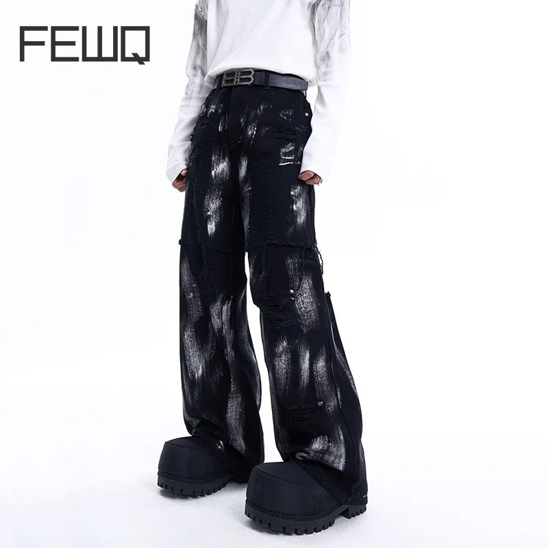 

IEFB Men's Jeans Straight Hole Design Male Wide Leg Denim Pants Deconstruction Autumn Men Wear Graffiti Trousers New 24E1935A