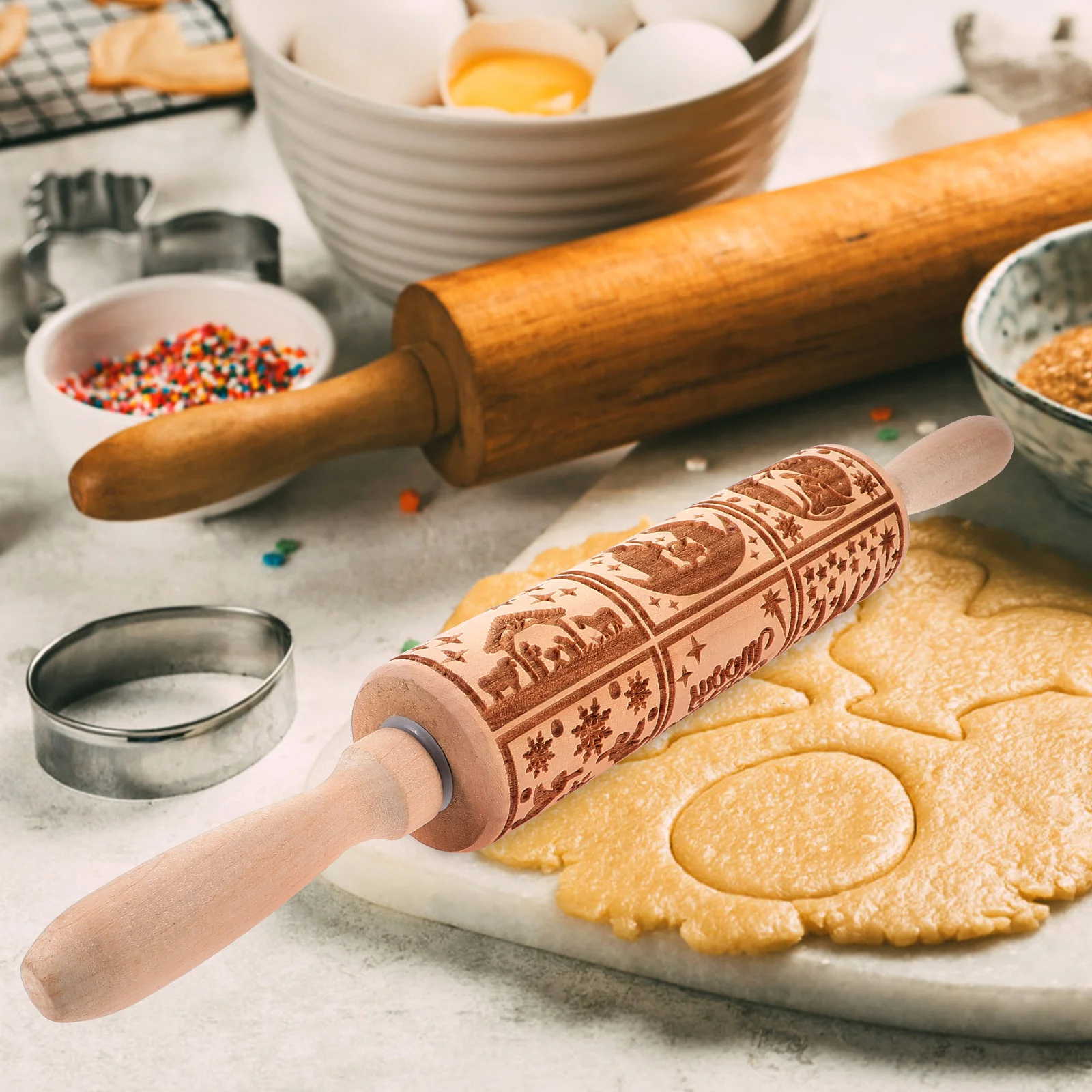 

Embossed Jesus Nativity Rolling Pin Wooden Baking Tool Dough Texture Roller Christmas Easter Holiday Pastry Roller