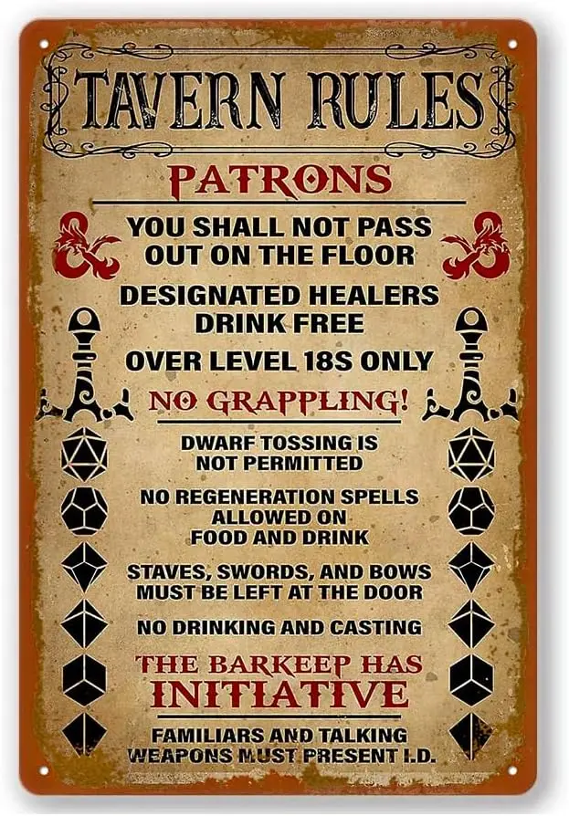 Tavern Rules Dnd Patronss The Barkeep Has Initiative Vintage Tin Sign Wall Decor For Wall Art Pub Bar Decor Coffee Cup Signs Siz