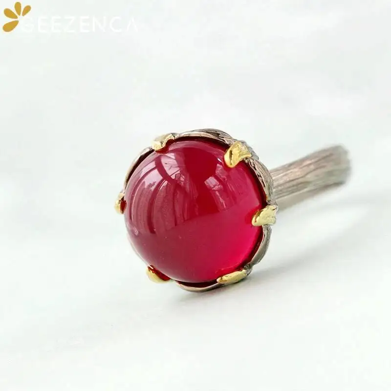 GEEZENCA S925 Silver Two Tone Plated 12mm Round Red Corundum Resizable Ring For Women Minimalism Trendy Rings 2024 New Gift