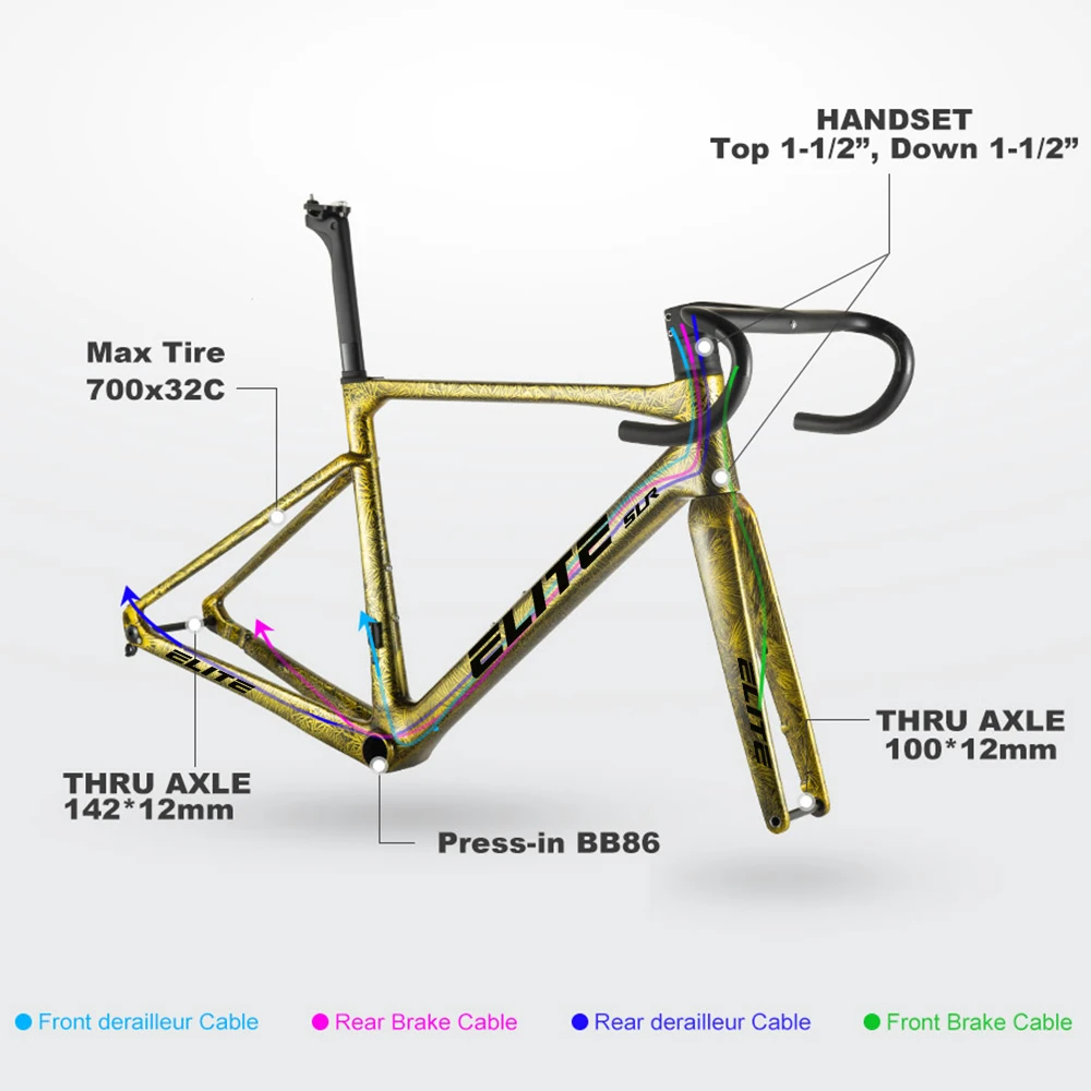 Neu Eingetroffen Ultraleichter 950g T1000 ELITE Carbon-Rennradrahmen Scheibenbremse Fahrradteil 47/49/51/54/56cm BB86 Vollständige HID-Kabelverbindung – Detail 8