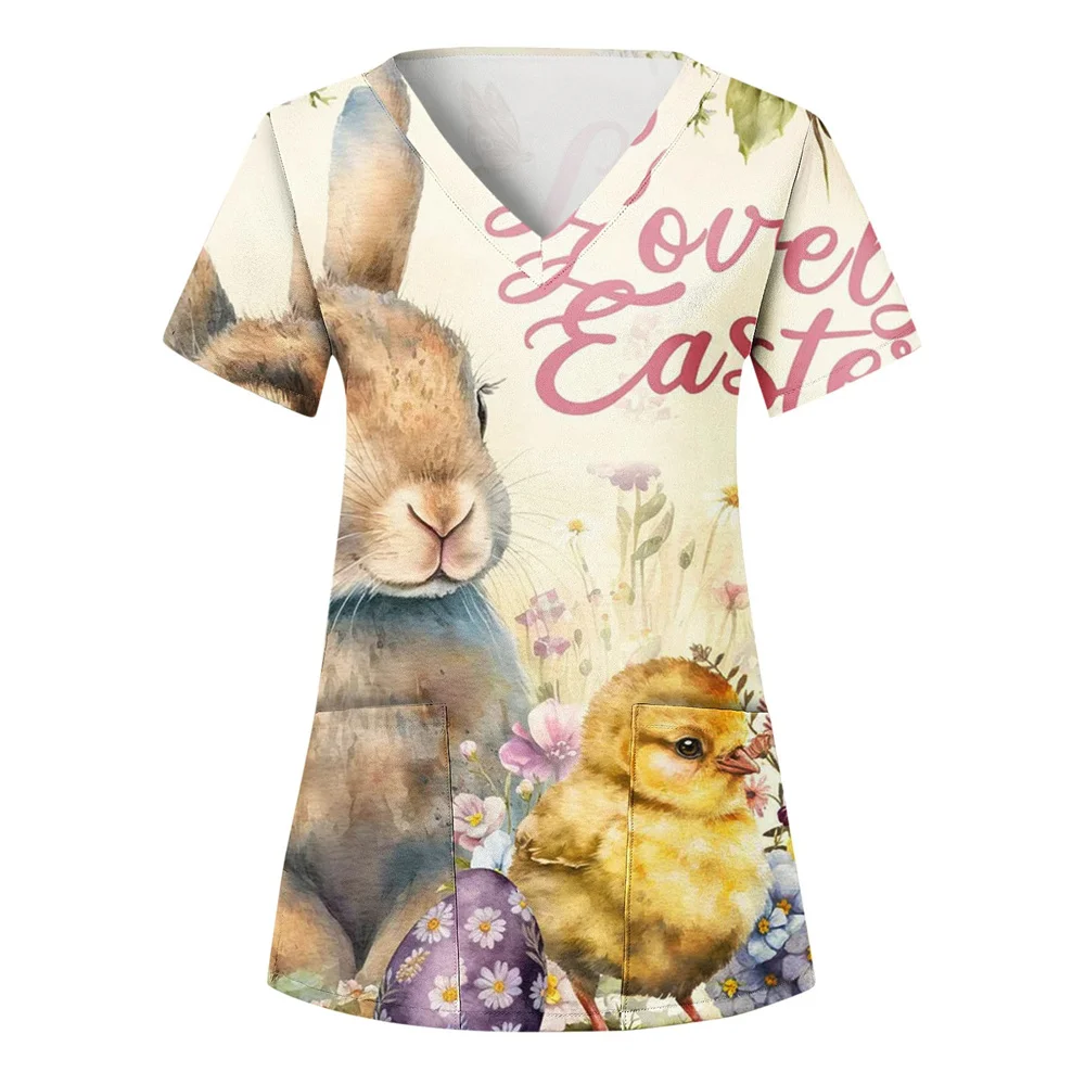 Clinical Uniform Woman Cute Bunny Print Summer Women's Medical Scrub V Neck Short Sleeve Top Dental Veterinary Medical Uniforms