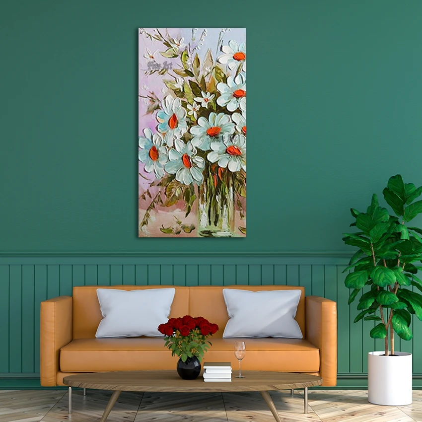 

Безрамная картина маслом цветы в вазах, абстрактная картина на холсте, большие ромашки, цветочная картина для украшения дома, стены