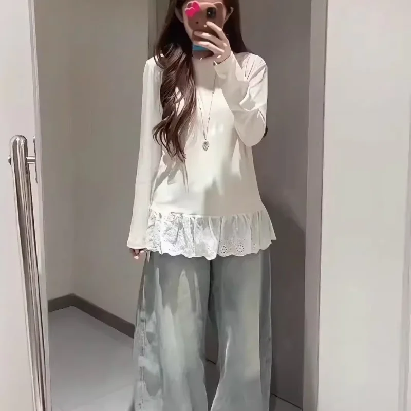 Minority Lovely Lace Flower Shirts Slim O Neck Long Sleeve Casual Blusas Western Style All-match Age Reduction New Mujer