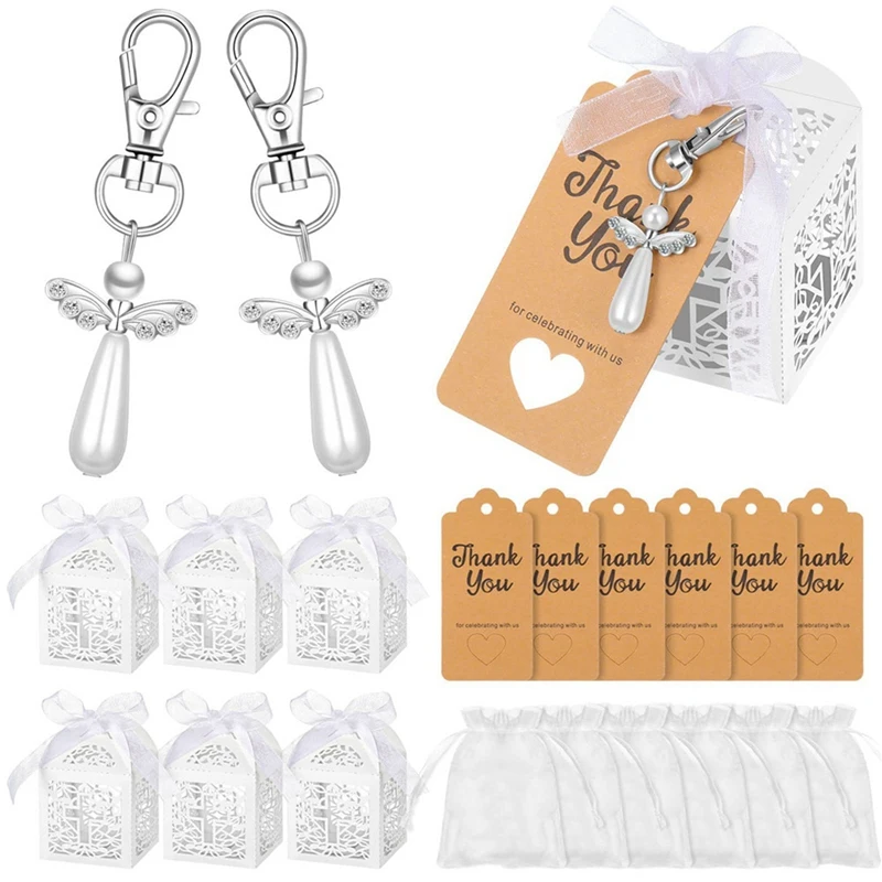 Angel Favor Keychain With Organza Bag & Angel Wing Thank You Tag, Guest Return Gift For Wedding Partys 24Pcs