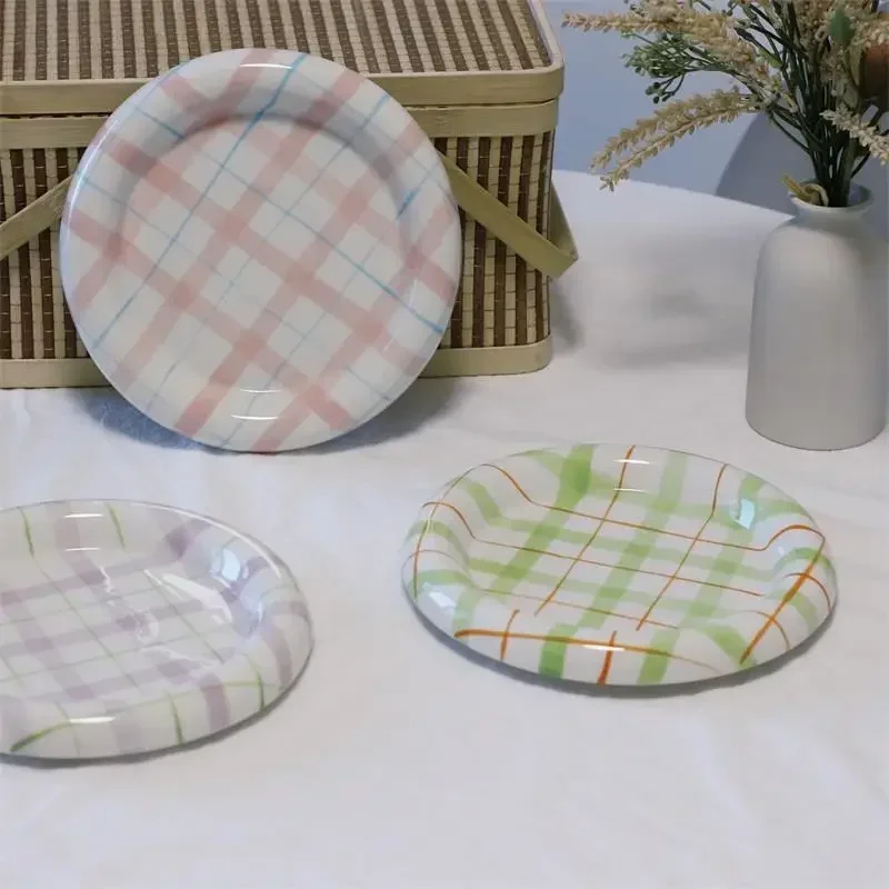 New Internet Celebrity Checkered Korean Version Ins Wind Plate Graffiti Plate Value Breakfast Dessert Plate Premium Afternoon