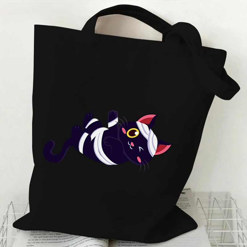 Gothic Skull Cat Pattern Tote Bag Women Spooky Season Shopping Bag Halloween Animal Kitten Canvas Shoulder Bag Unisex Handbags