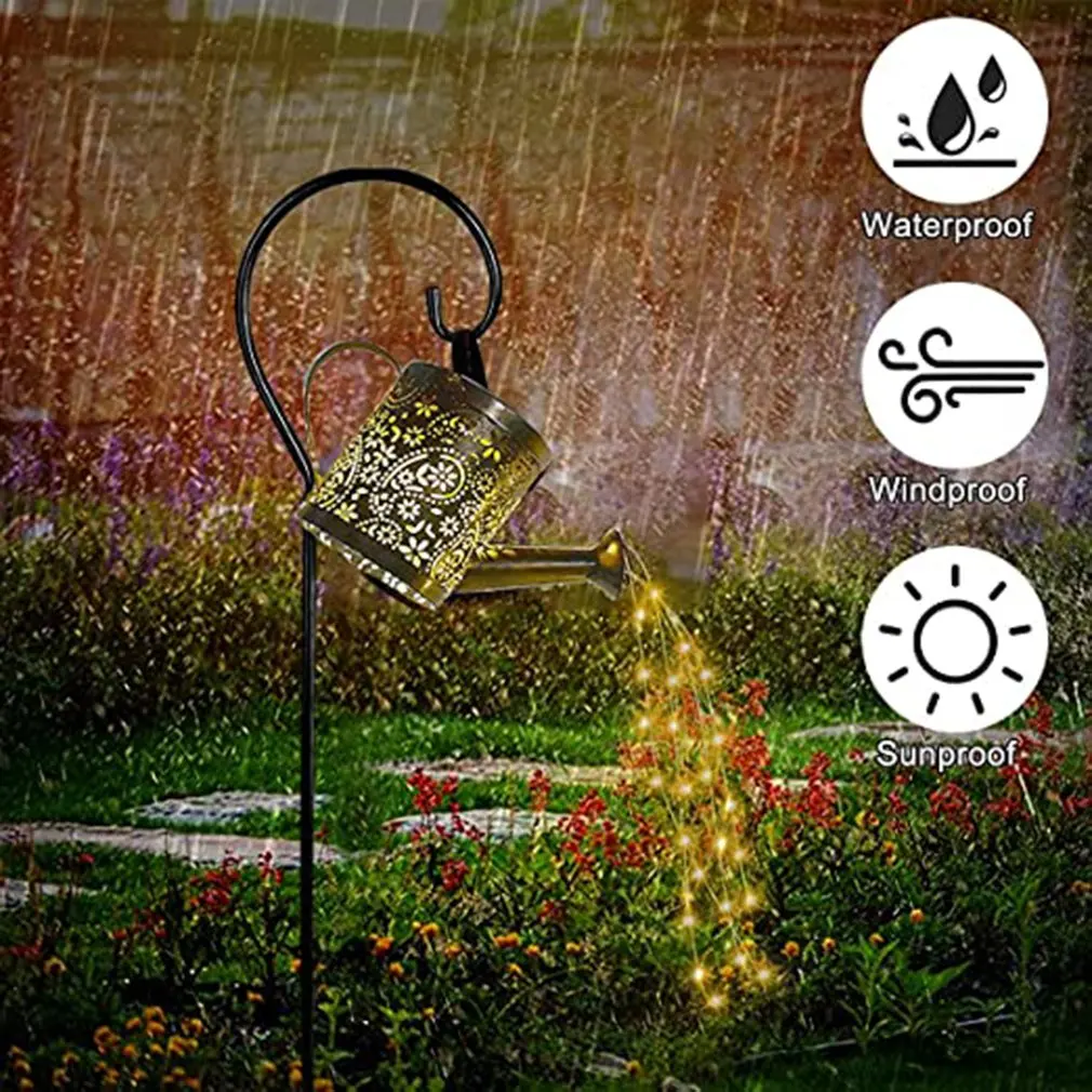 Lanterne solari annaffiatoio Retro metallo 36LED bollitore String Light Design scavato impermeabile Solar Firefly Outdoor Solar LED