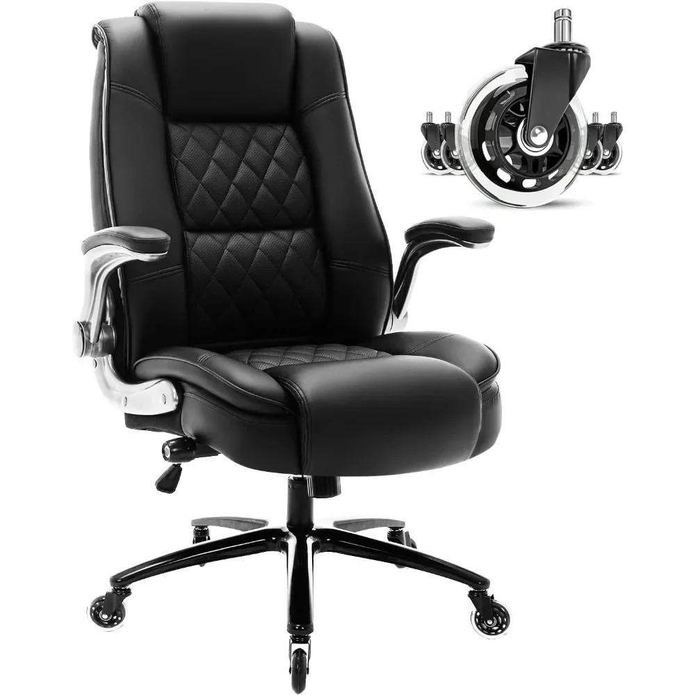 

High Back Office Chair-Flip Arms Adjustable Built-in Lumbar Support,Thick Padded Strong Metal Base Quiet Wheels,Ergonomic Design