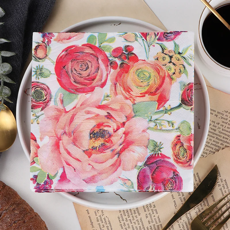 Restaurant Upscale Colourful Printing Paper Napkin Rose Napkin Household Table Mouth Cloth 33cm Facial Tissue Paper 20pcs/pac