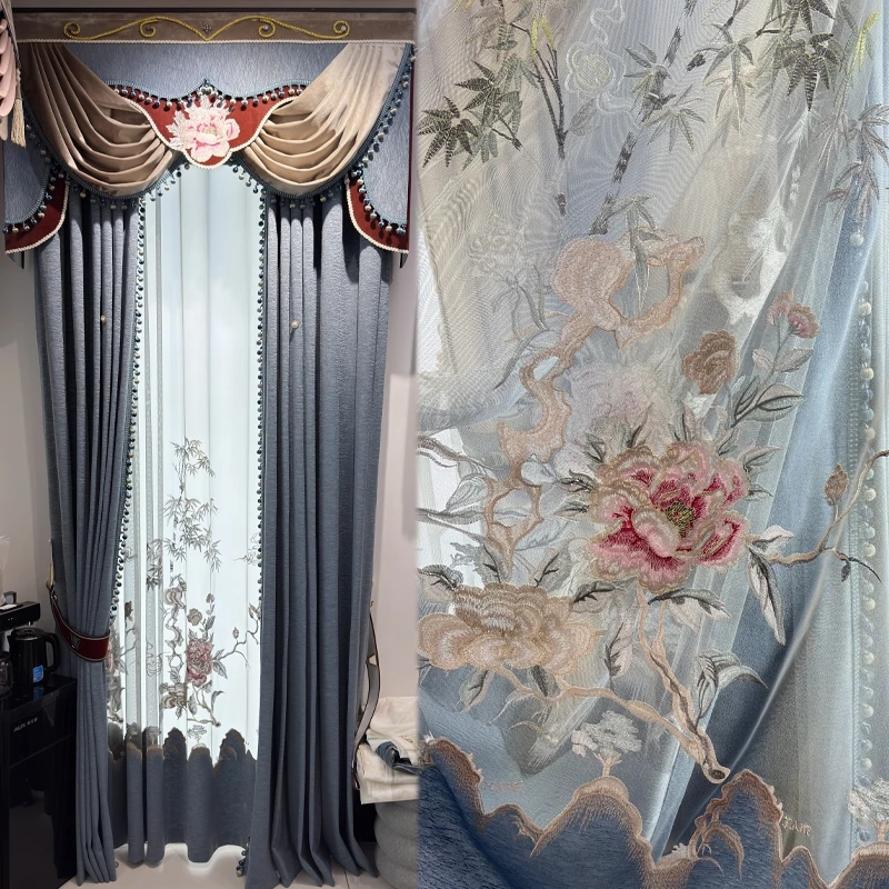 Custom vintage high-end villa living room bedroom balcony blue chenille cloth blackout curtain tulle valance drape C2136